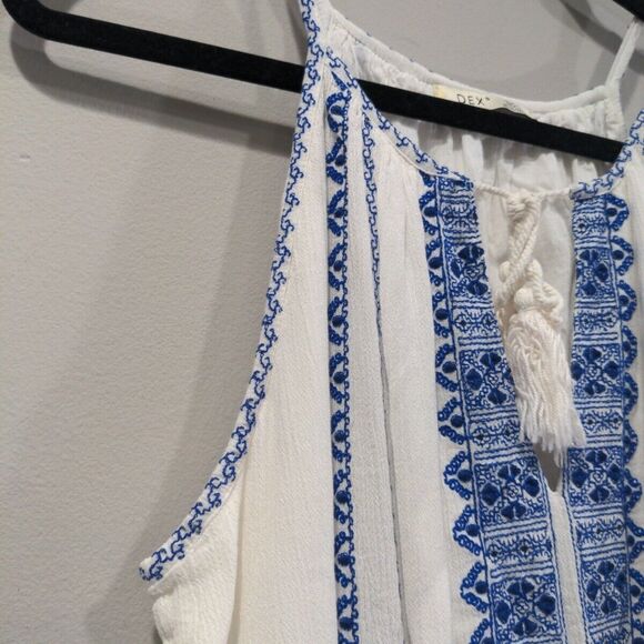 Dex Womens Embroidered Mini Sundress Size Large White Blue Boho Tassel Summer - Picture 6 of 10